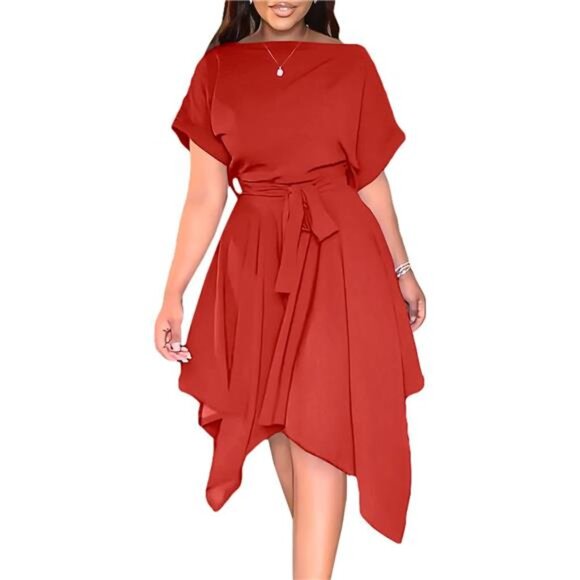 Luxe Women’s Casual Short Sleeve Tie Waist Asymmetric Hem Swing Summer A Line